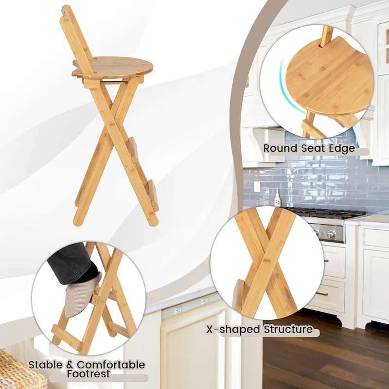 Gymax Set of 2 Bamboo Folding Barstools Counter Height Dining Chairs