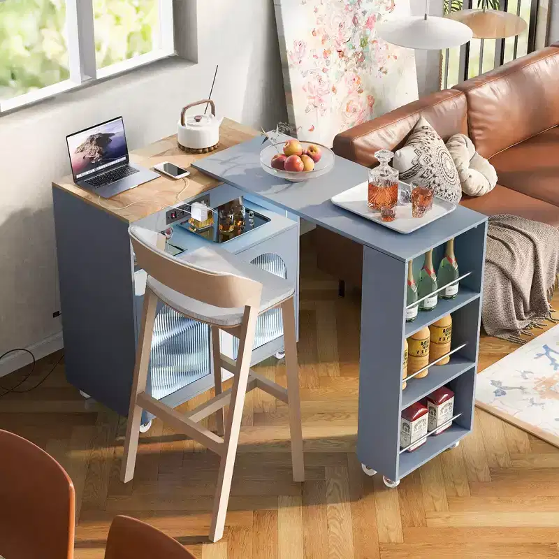 Rolling Kitchen Island with Extended Table, Kitchen Island on Wheels with LED Lights, Power Outlets, 2 Fluted Glass Doors