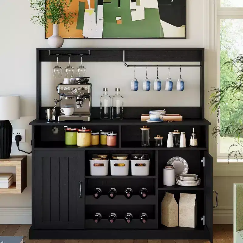47 Farmhouse Coffee Bar Cabinet, Rustic Grey Buffet Table with Wine Rack & Adjustable Shelves for Kitchen, Dining Room