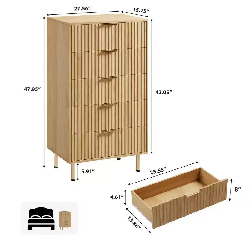 5 Drawer Dresser for Bedroom, 48 in Tall Modern Chest of Drawers with Deep Drawers and Wide Top, Fluted Wooden Dresser Organizer for Living Room