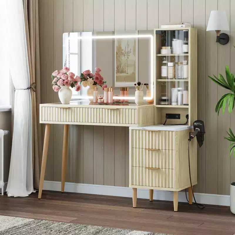 Makeup Vanity Desk with Lighted Mirror, Wooden Dressing Table with Drawers, Modern Vanity with LED Mirror for Bedroom Makeup & Storage