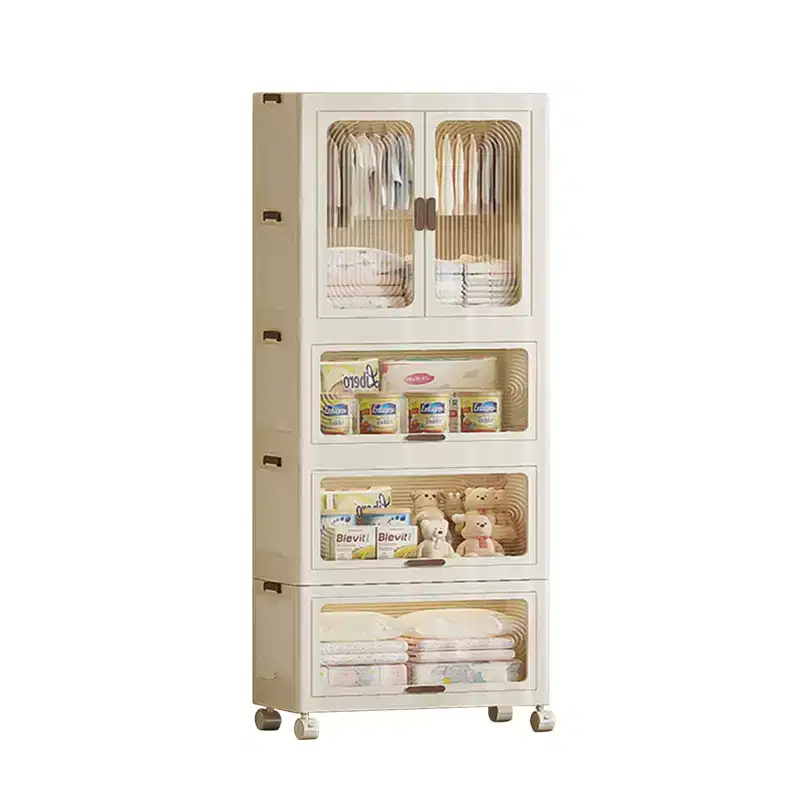 Stackable Closet Storage Bins, Collapsible Clothes Organizers, Portable Wardrobe Closet w/Lids and Doors, Movable Clothes Storage with Coat Hangers
