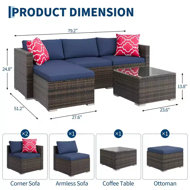 5-Piece All-Weather PE Rattan Wicker Patio Sectional Set - Thick Cushions, Ottoman, Glass Coffee Table, Modular Outdoor Conversation Sofa for Garden