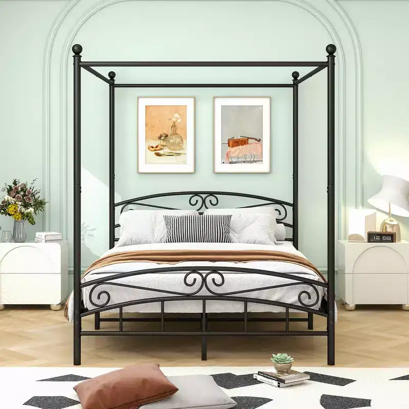 Canopy Metal Bed Frame with Vintage Headboard & 12.4