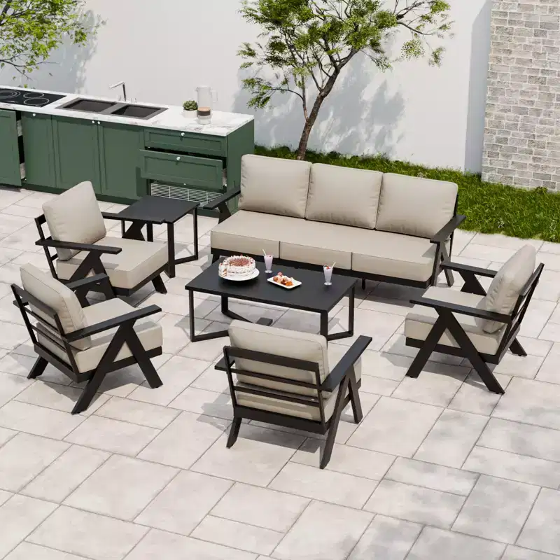EAGLE PEAK Urban Slate 7 Piece Modern Outdoor Patio Furniture Set, Couch, Patio Chairs, Coffee Table, and Side Table
