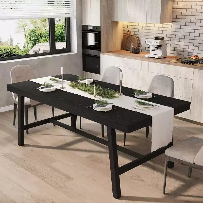 Industrial Dining Table for 6-8 People, 70.87 Long Wooden Kitchen Table with Sturdy Metal Frame & Rustic Brown Finish (Brown, 70.87 Long)