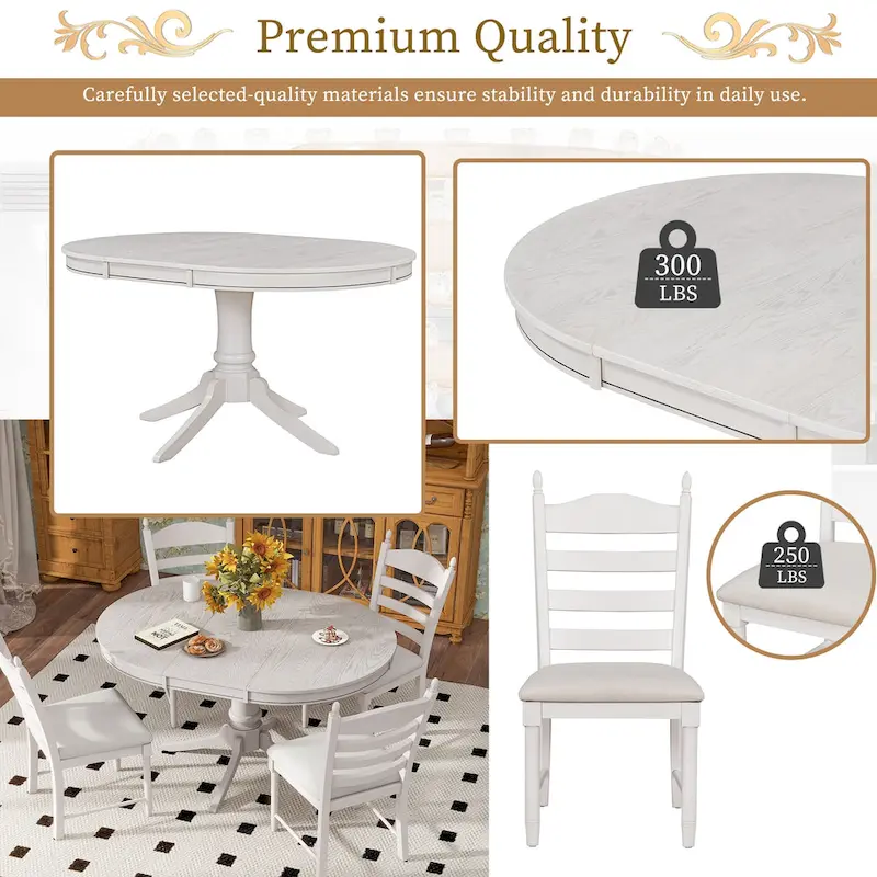 5-Piece Dining Table Set Round Extendable Dining Table and 4 Chairs