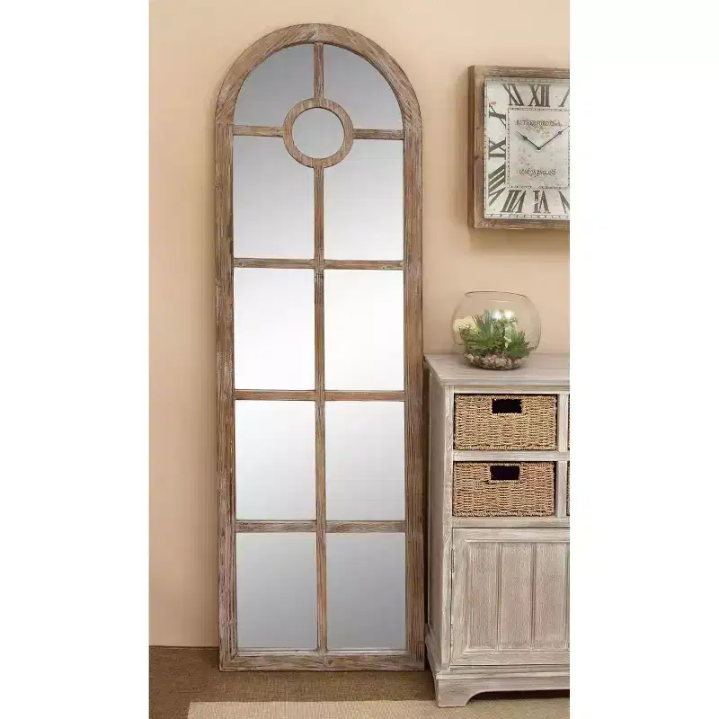 Olivia & May Glass Window Pane Inspired Wall Mirror with Arched Top Brown: Distressed Finish, Wood Frame, No Assembly Required
