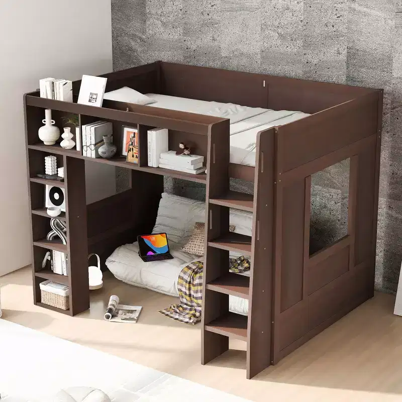 Whisen Queen Size Wooden Loft Bed Frame with Storage Cabinets and Shelves