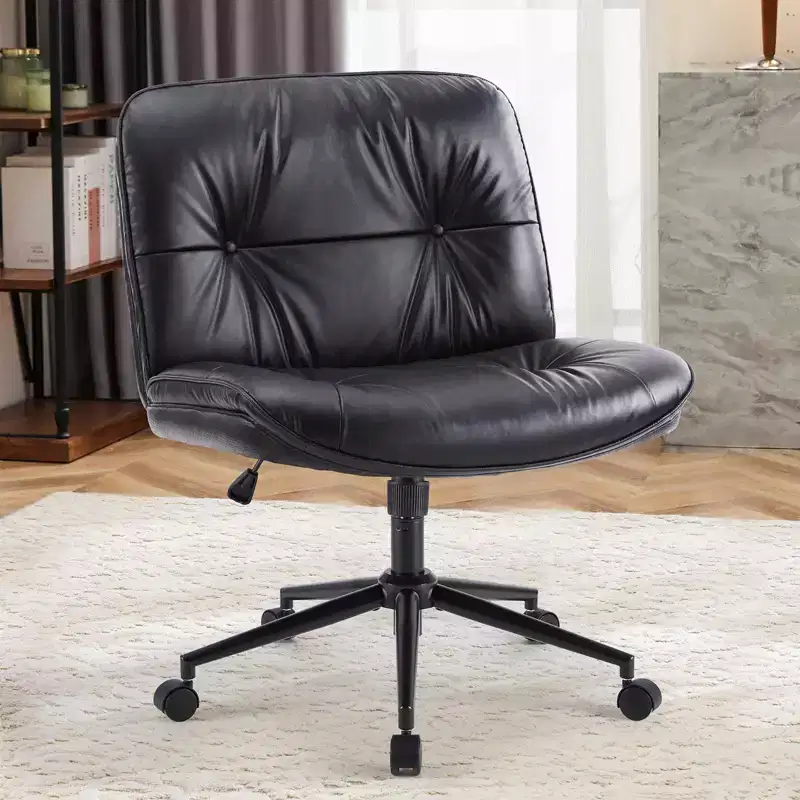 PU Leather Swivel Criss Cross Chair on Wheels, Adjustable Height Office Chair with Lumbar Support, Armless