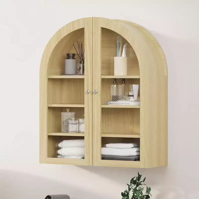 24 Arched Wall Cabinet with Acrylic Double Doors, Farmhouse Medicine Cabinet with Adjustable Shelf, Wall-Mounted Wood Storage Cabinet