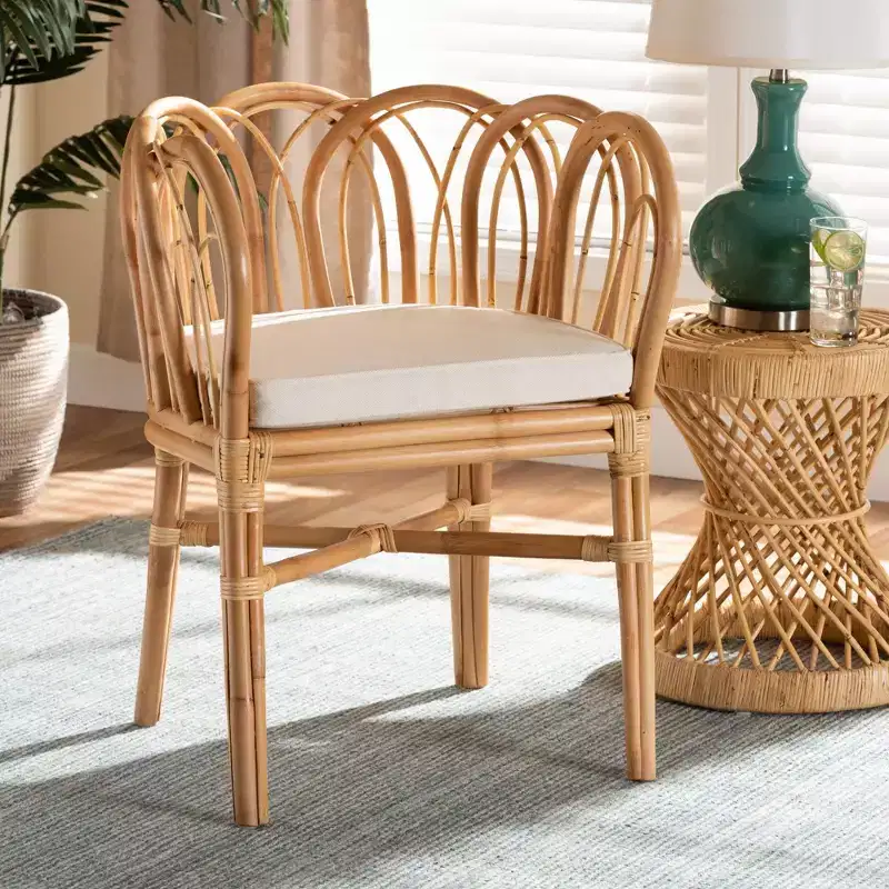 Handmade Natural Rattan Accent Chair in Natural and White with Curved Design