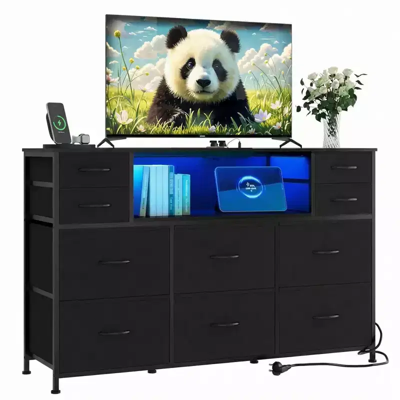 Metal-Framed Dresser, Storage Cabinets with 11 Fabric Drawers, TV Cabinet with LED Lights and Charging Station, Suitable for Bedroom and Living Rooms