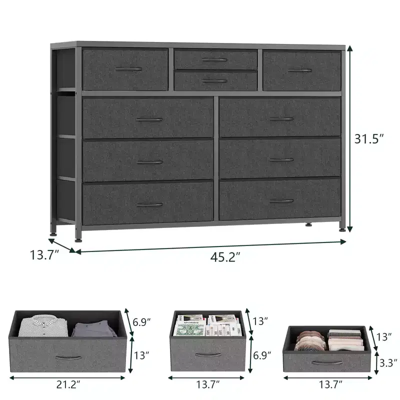 10 Drawers Dresser for Bedroom, Chest of Drawers with Fabric Bins, TV Stand Entertainment Center for Up to 55'' TV, Storage Organizer