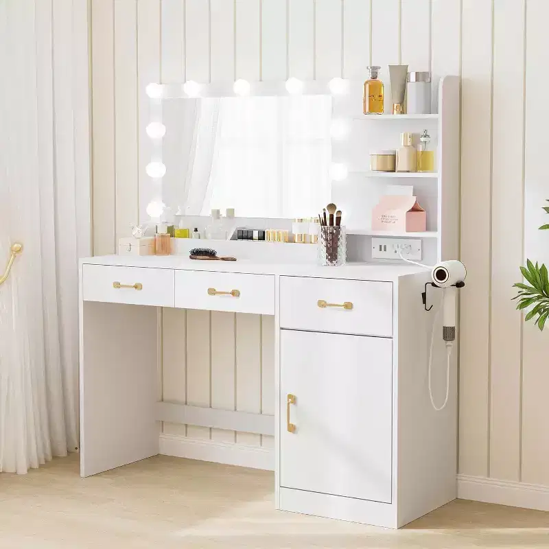 Makeup Vanity Desk with Mirror, Charging Station, 3 Drawers, Cabinet & Open Shelves, Dressing Table for Bedroom, White