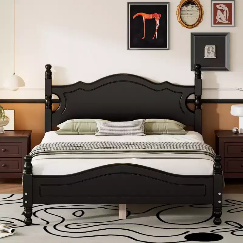 Full Wood Platform Bed Frame, Retro Style Bed with Slat Support, Black
