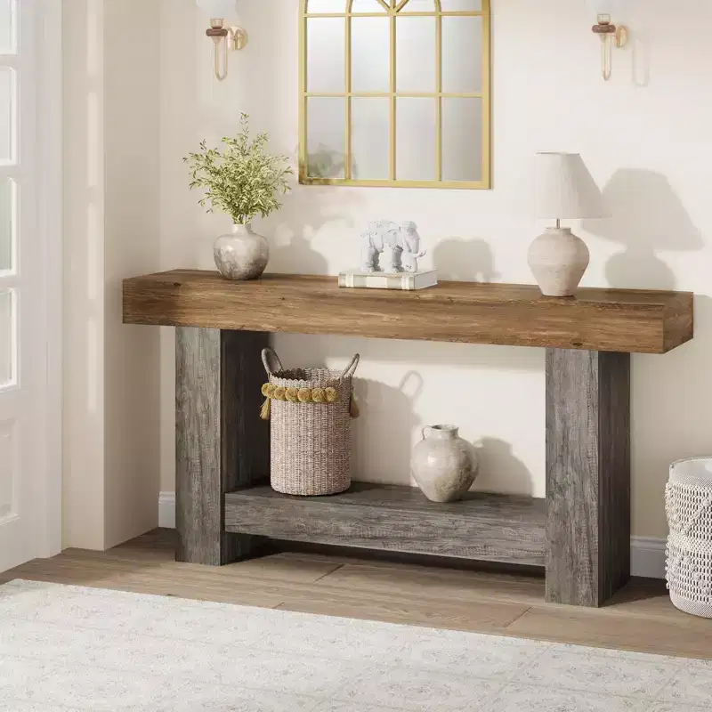 Entryway Console Table, Farmhouse 2-Tier Entryway Table, Long Sofa Accent Table Behind Couch Table
