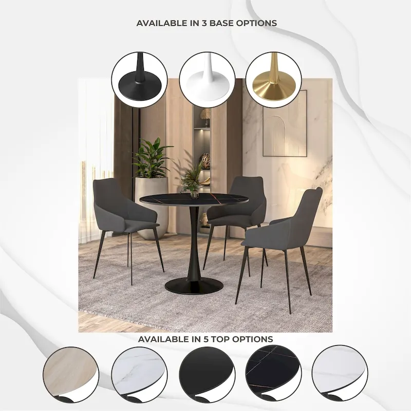 35in Round Dining Table with Sintered Stone Tabletop, Black Steel Pedestal Base, Scratch-Resistant