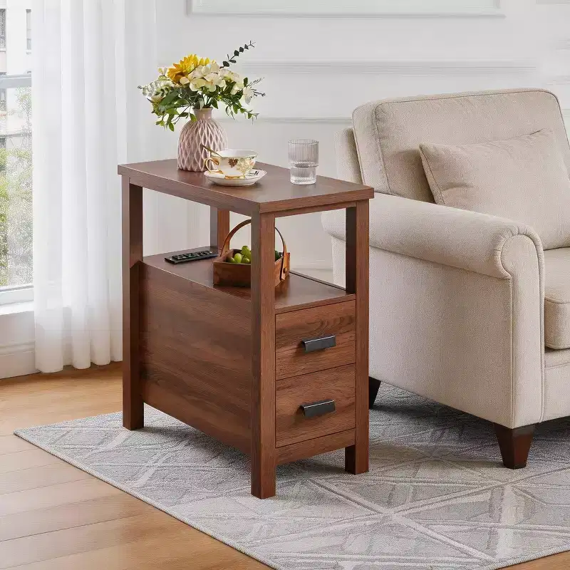 Modern Wooden End Table with Charging Station and 2 Drawers