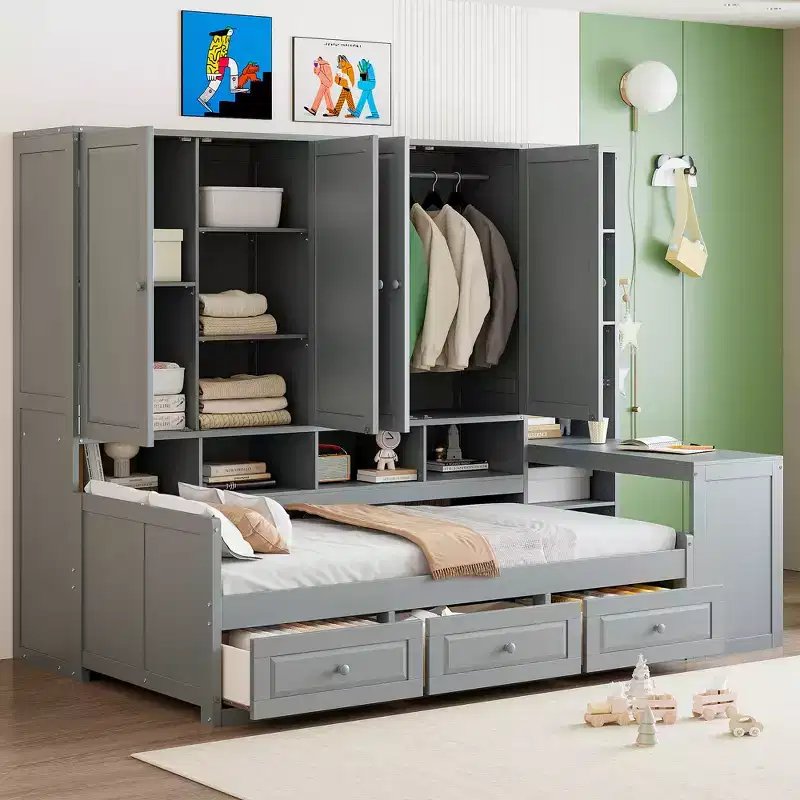 Twin/Full Size Wooden Daybed with All-in-One Desk, Shelves & 3 Drawers, Space-Saving Furniture with 400lb Capacity, White/Gray