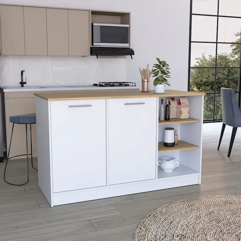 Ginger 59-inch Wide Kitchen Island with 3 Open Shelves and 2 Cabinets