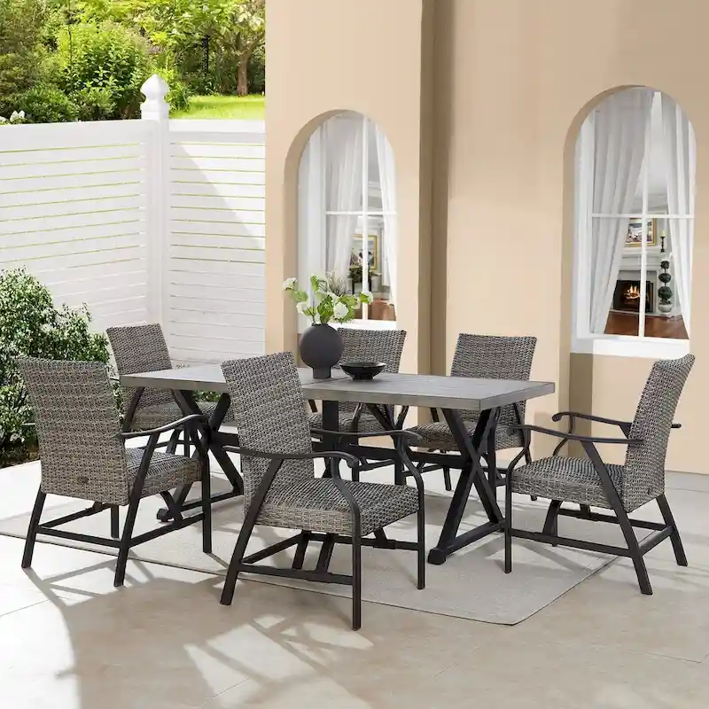 Outdoor Patio Wicker Furniture Dining Set with Arm Chairs and Table