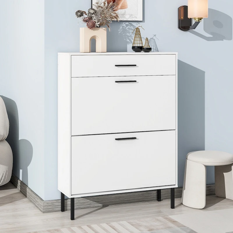 Shoe Cabinet, Freestanding Rack Storage Organizer with Drawers & Metal Legs, Storage Cabinet with 2 Flip Drawers for Entryway