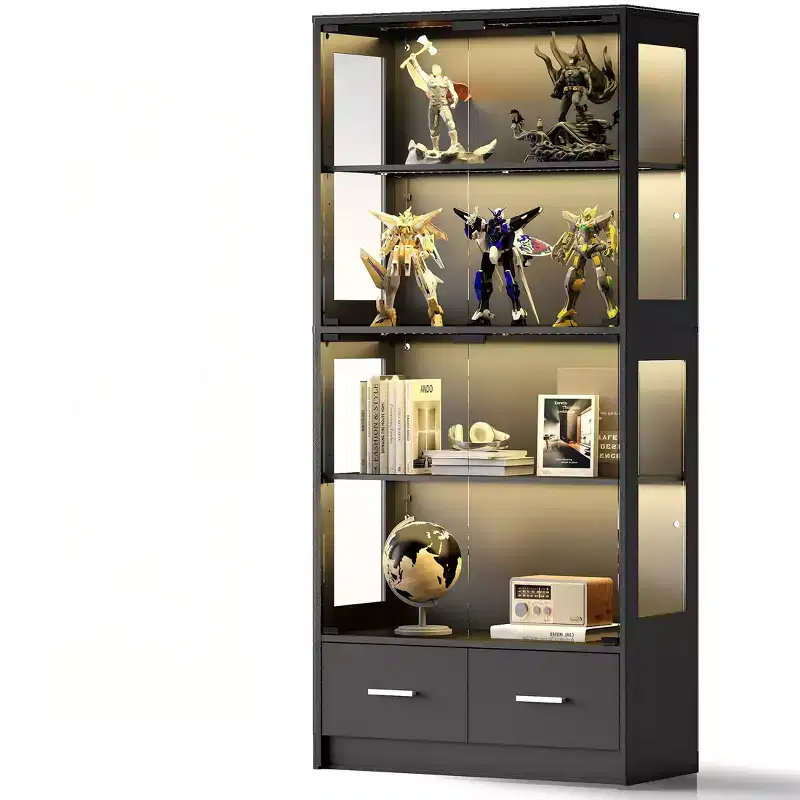 Skyzoo 5-Tier Glass Display Cabinet with LED Lights & Adjustable Shelves & 2 Drawers, Curio Cabinet for Home & Office
