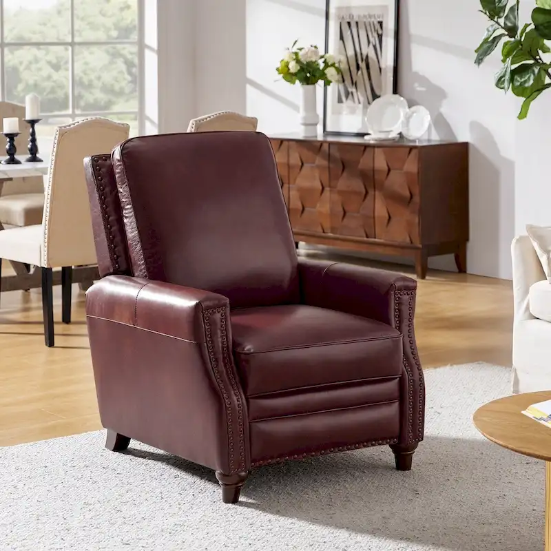 Cigar Mid-century Modern Genuine Leather Recliner with Nailhead Trim by HULALA HOME