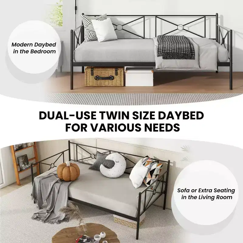 Twin Metal Daybed Frame with Slats, Classic Mattress Foundation Bed Sofa - White/Black