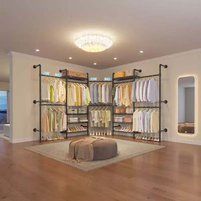 L5 Expandable Wall Mounted Clothes Rack for Corner, L Shape Heavy Duty Industrial Pipe Clothing Rack
