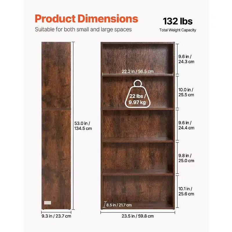 VIYET 5-Tier 53Tall Narrow Wooden Bookcase,Adjustable Shelf Open Freestanding Storage, Bedroom/Living Room/Office/Library,Brown