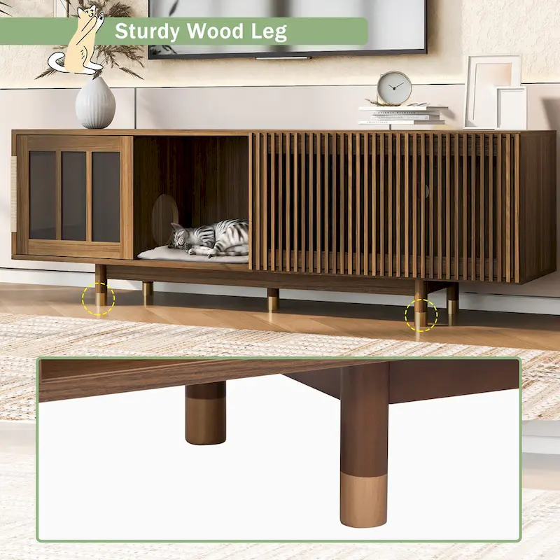 Modern TV Stand with Cat House, Pet-Friendly Entertainment Center with Sliding Glass Door, Flip-Down Media Console