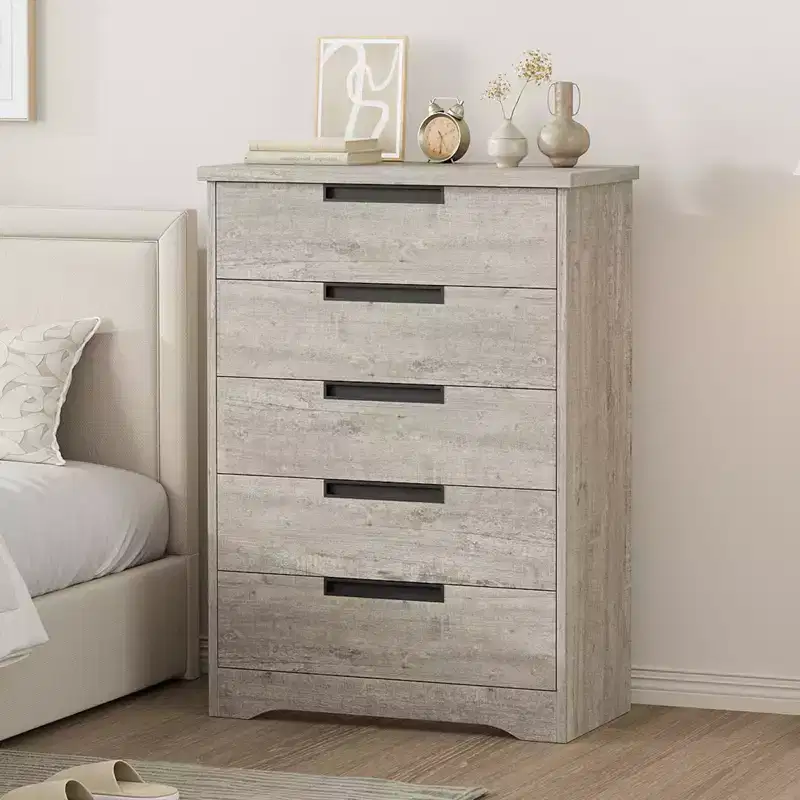 5 Drawer Dresser for Bedroom, Gray Chest of Drawers with Embedded Handles, Wooden Dresser Organizer for Living Room, Nursery, Hallway and Entryway