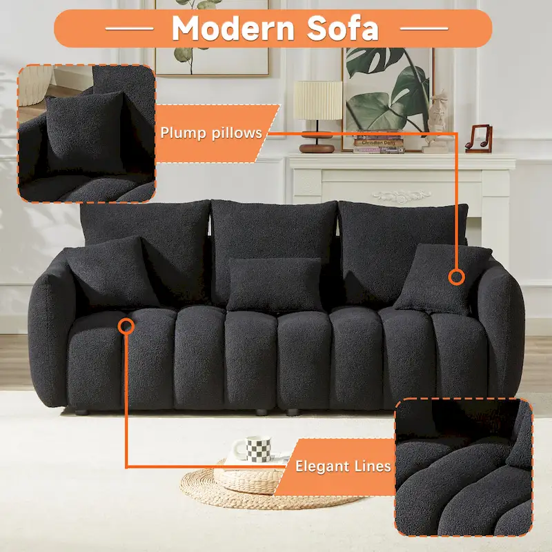 2-Pieces 6-Seat Teddy Fabric Sectional Sofa Set (3+3) with Wooden Frame & 6 Pillows