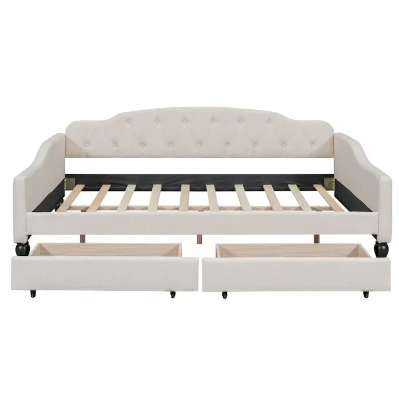 Beige Upholstered Tufted Daybed with 2 Drawers, Full Size, 1-Person