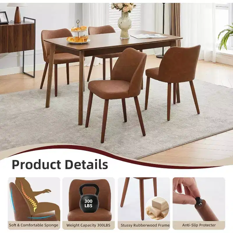 Dining Chairs Set of 4, Modern Dining Room Chair with Wood Legs, Upholstered Armless Kitchen Chairs with Leveling Feet/Wing Backrest Support, Brown