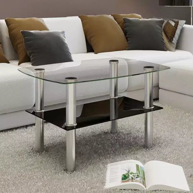 Clear & Silver Two-Tier Glass Coffee Table, Rectangle, 1-Person