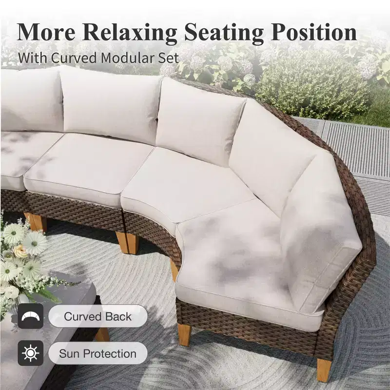 Captiva Designs 10pc Outdoor Wicker Rattan Patio Half-Moon Curved Sectional Sofa Conversation Set with Fire Pit Table
