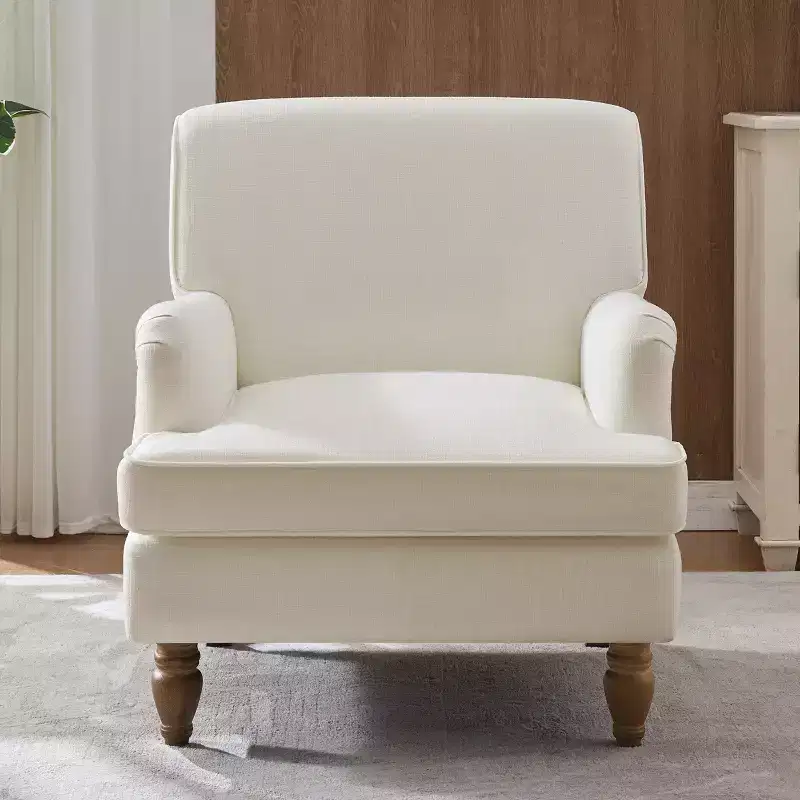 vintage upholstered linen armchair cream solid wood legs rolled arms thick cushion accent chair for living room bedroom