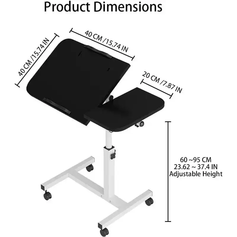 Overbed Table with Wheels, 23.6-37.4in Height Adjustable Over Bed Table Movable Rolling Bedside Table Standing Desk Bed Table for Home Office
