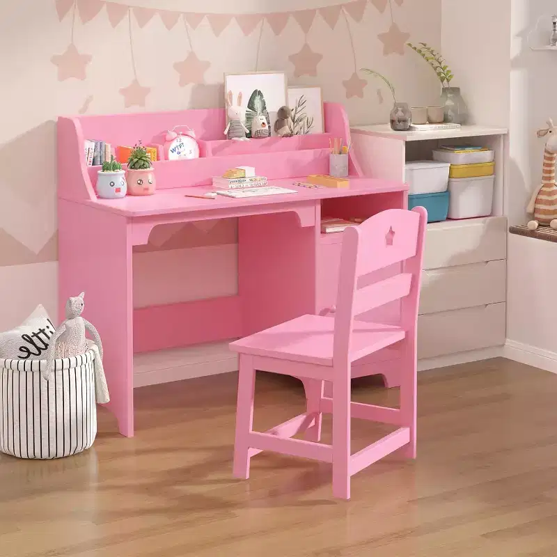Pink/White Kids Study Desk & Chair Set, 1-Person, with Hutch & Storage