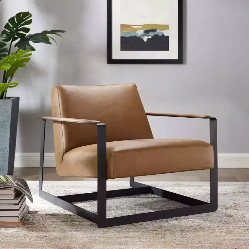 Modern Faux Leather Accent Chair Tan – Stainless Steel Legs, Reception & Guest Seating
