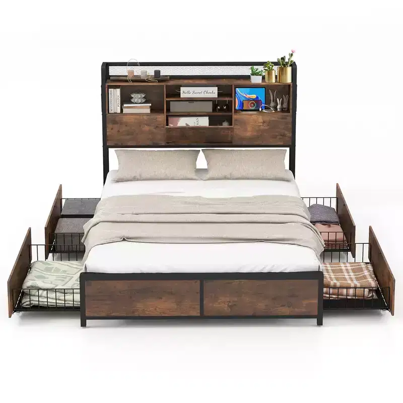 Costway Full Size Bed Frame w/ Bookcase Headboard & 4 Storage Drawers Vintage Brown