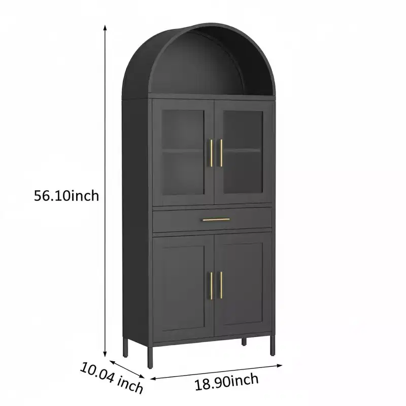 56'' Arched Cabinet with Glass Doors, Metal Kitchen Pantry with Storage Drawer & 2 Adjustable Shelves, Modern Display Bookcase for Living Room