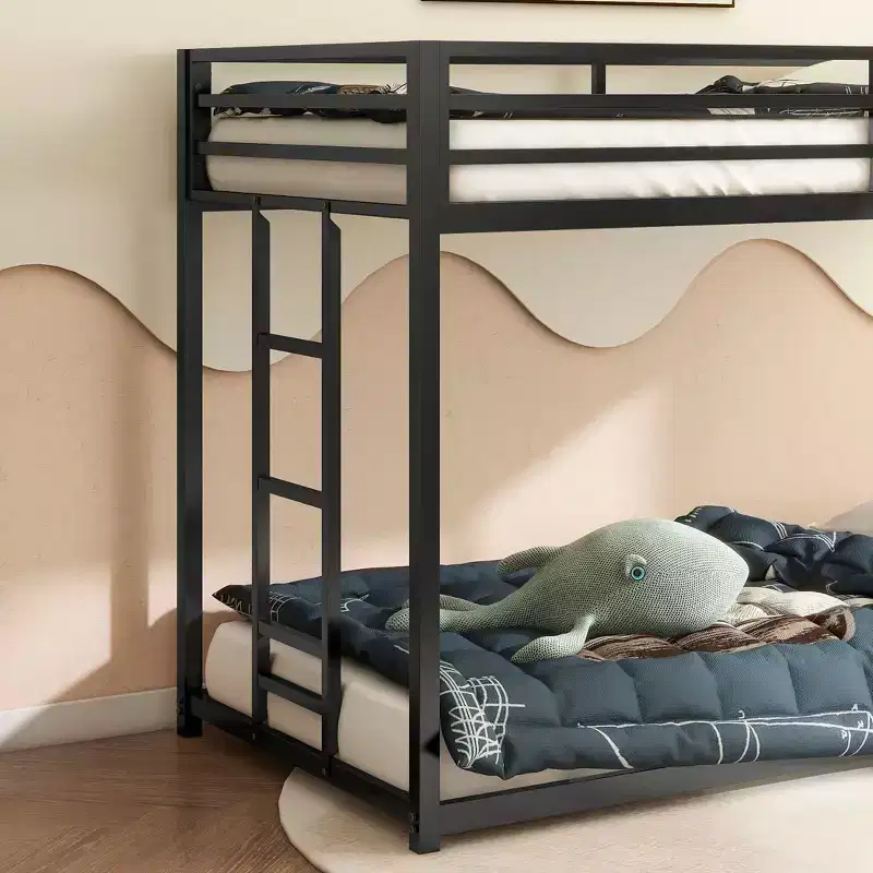 76.69IN Twin-Over-Twin Kids Bunk Beds with Metal Frame, Low Profile Bunk Bed with Ladder and Guardrails, Bed Frames for Bedroom, Black
