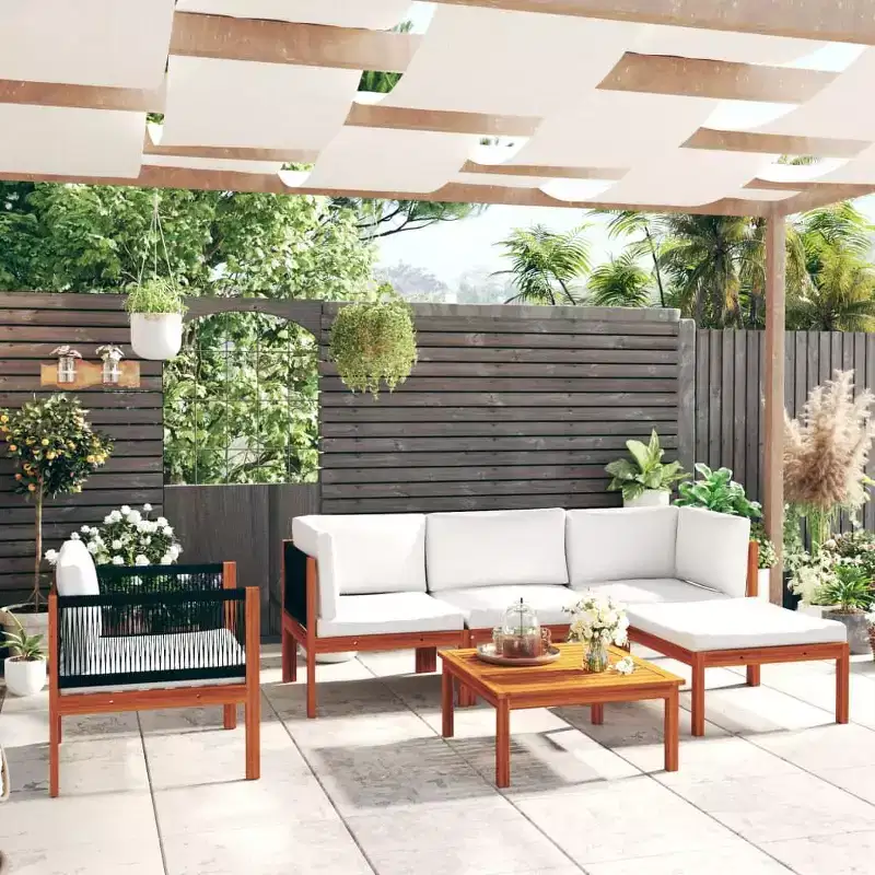 vidaXL Acacia Wood Patio Lounge Set with Cushions-Cream-Ideal for Garden, Patio & Living Room-Includes Sofa, Armchair, Footrest, Table