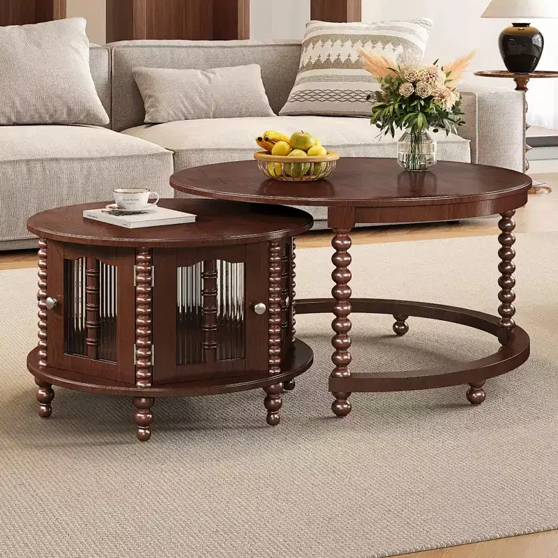 Vintage Round Nesting Coffee Table Set with Bamboo-Shaped Glass Doors & Retro Beaded Legs, Walnut - ModernLuxe