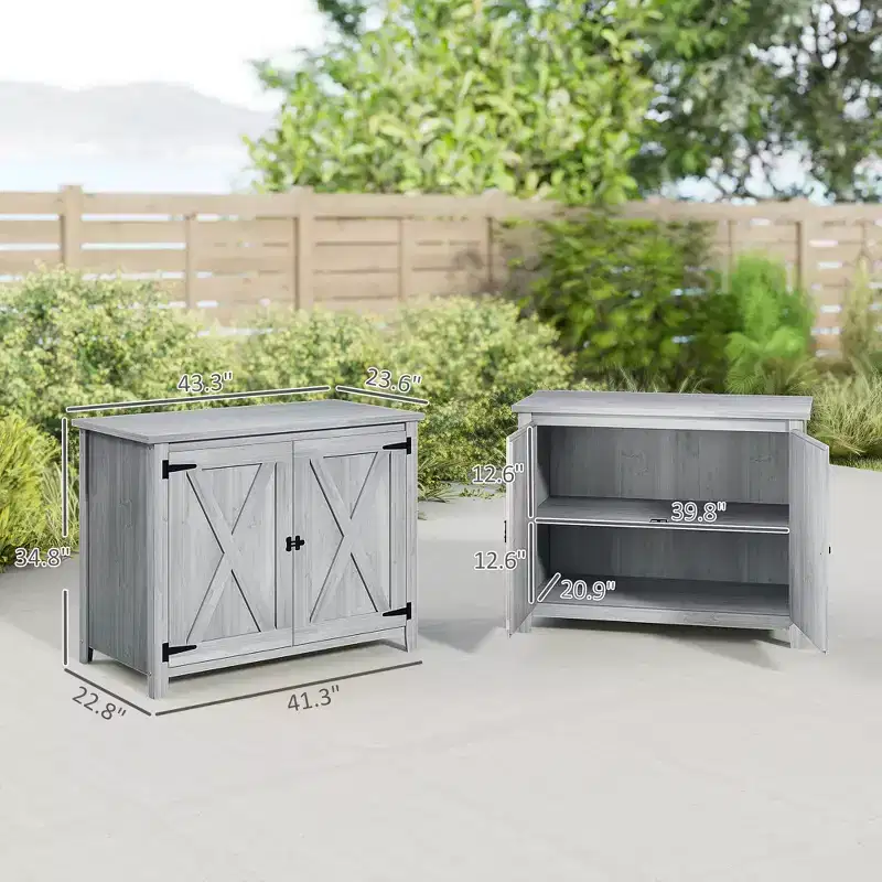 Wooden Outdoor Storage Cabinet, Garden Shed Potting Shed with Shelf and Double Doors, Light Gray