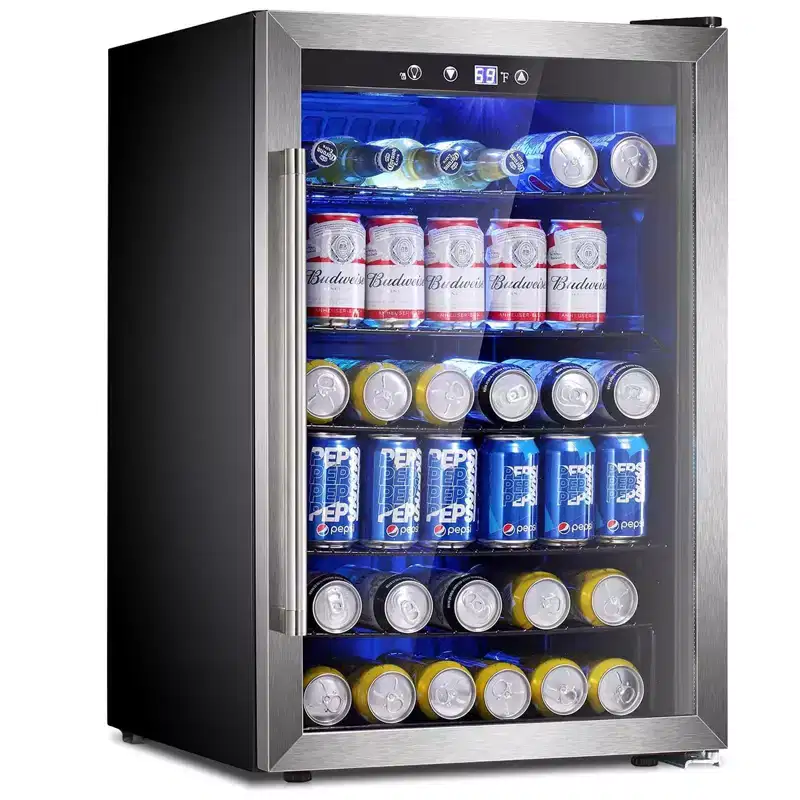 4.5 Cu.Ft Beverage Fridge, 145-Can Mini Cooler with Glass Door for Soft Drinks, Freestanding with Adjustable Shelving